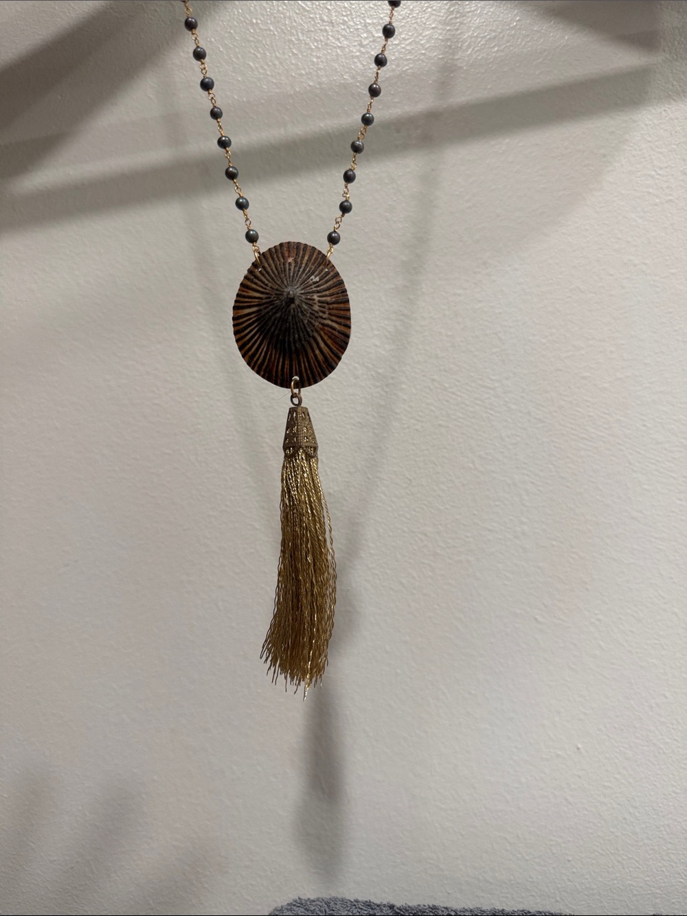Neiman Marcus Brown and Gold Tassel Pendant Necklace with Beaded Chain